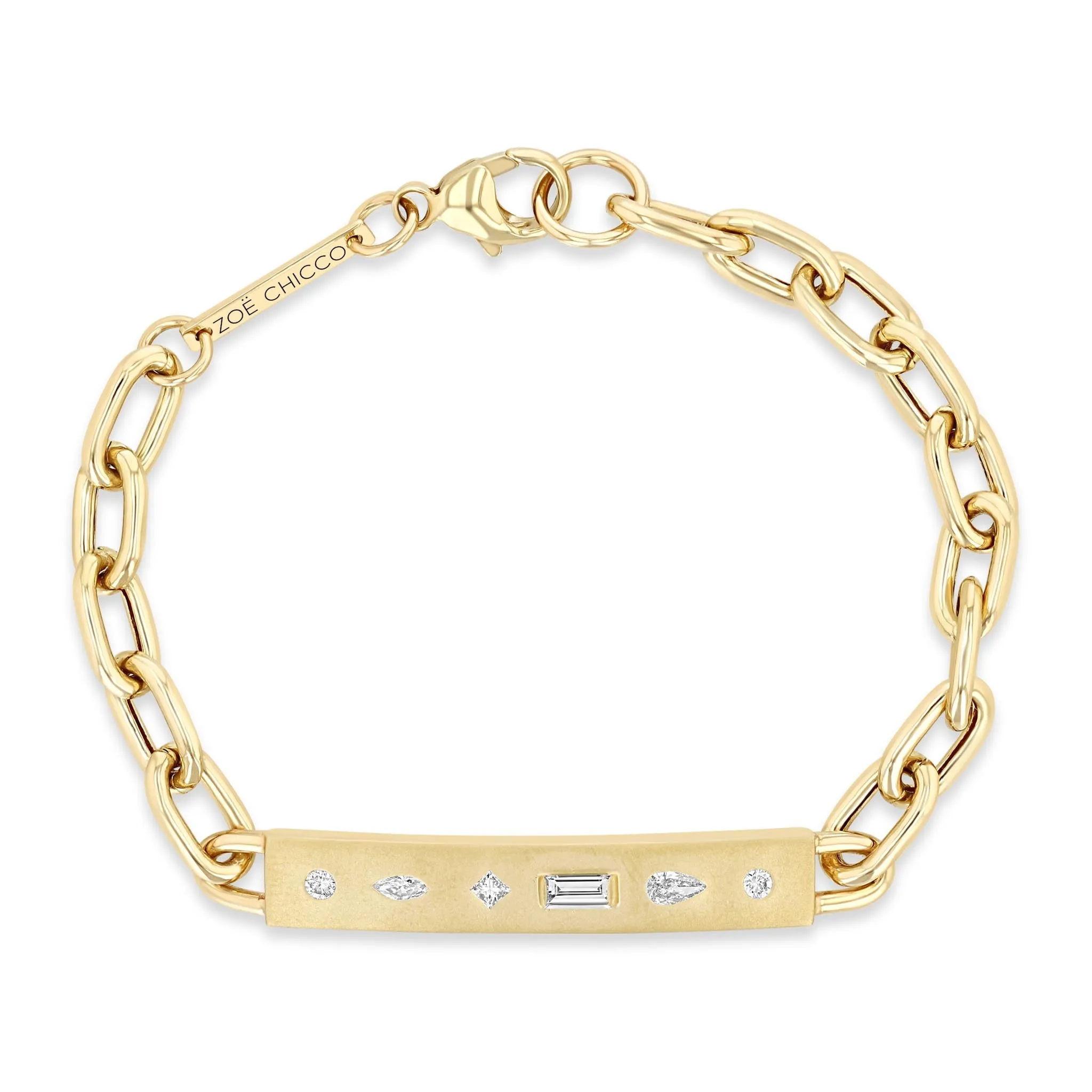 14k Diamond Mosaic Brushed Gold Horizontal ID Bar Bracelet