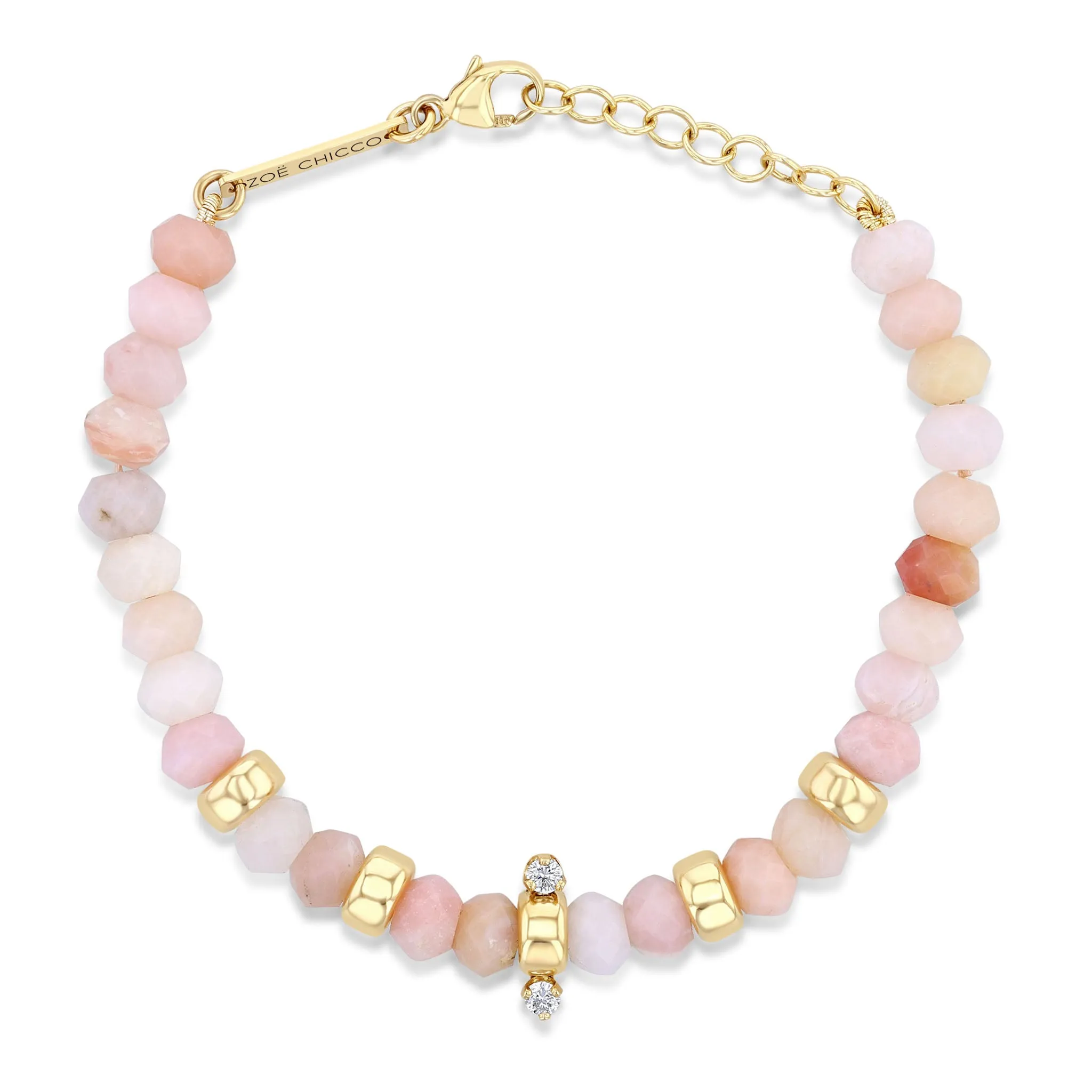 14k Gold & Faceted Pink Opal Rondelle Bead Bracelet with 2 Prong Diamonds