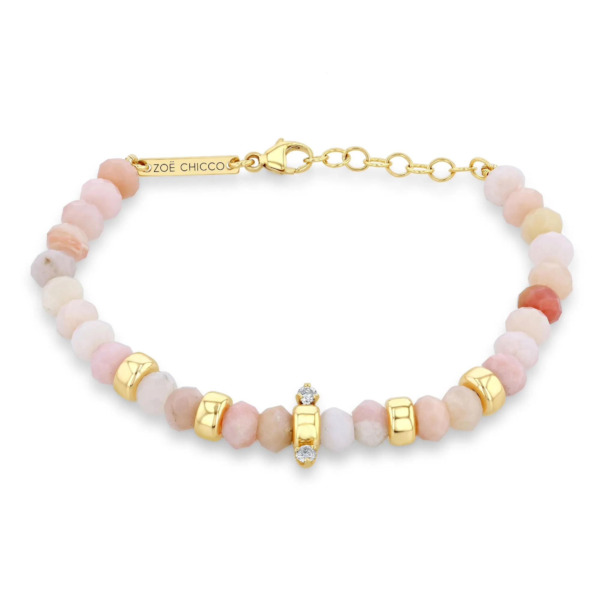 14k Gold & Faceted Pink Opal Rondelle Bead Bracelet with 2 Prong Diamonds