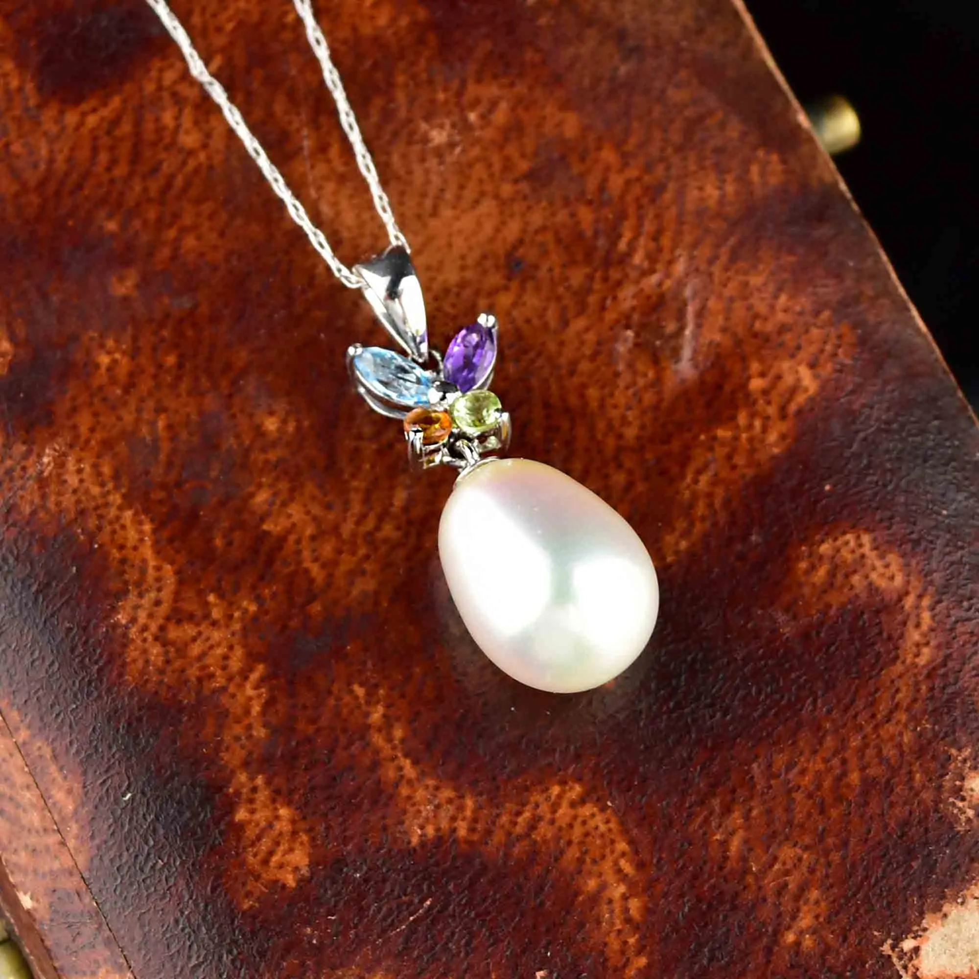 18K White Gold Pearl Multi Gemstone Butterfly Pendant