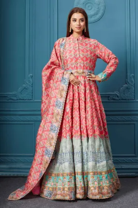 510014 Red Blue Multicolored Print Anarkali Suit with Dupatta