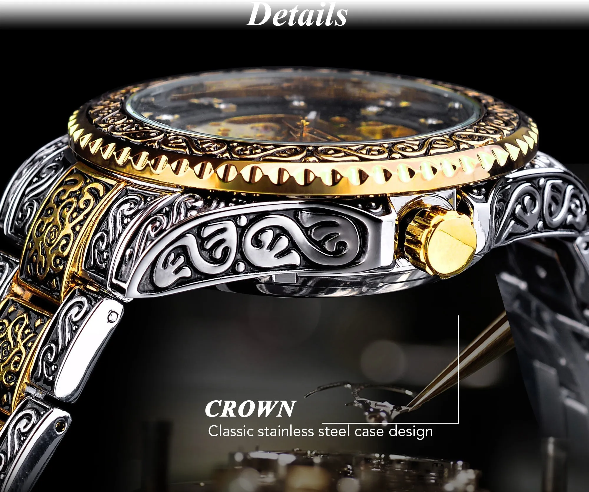 Automatic Stainless Steel Diamond Skeleton Wrist Watch for Men