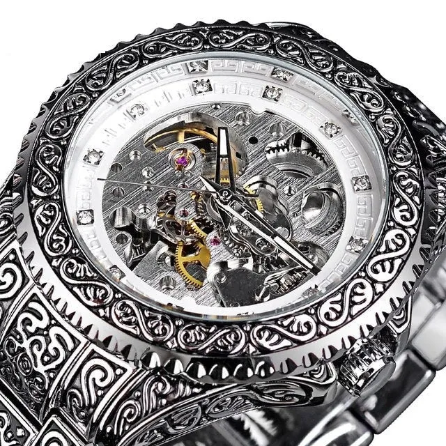 Automatic Stainless Steel Diamond Skeleton Wrist Watch for Men