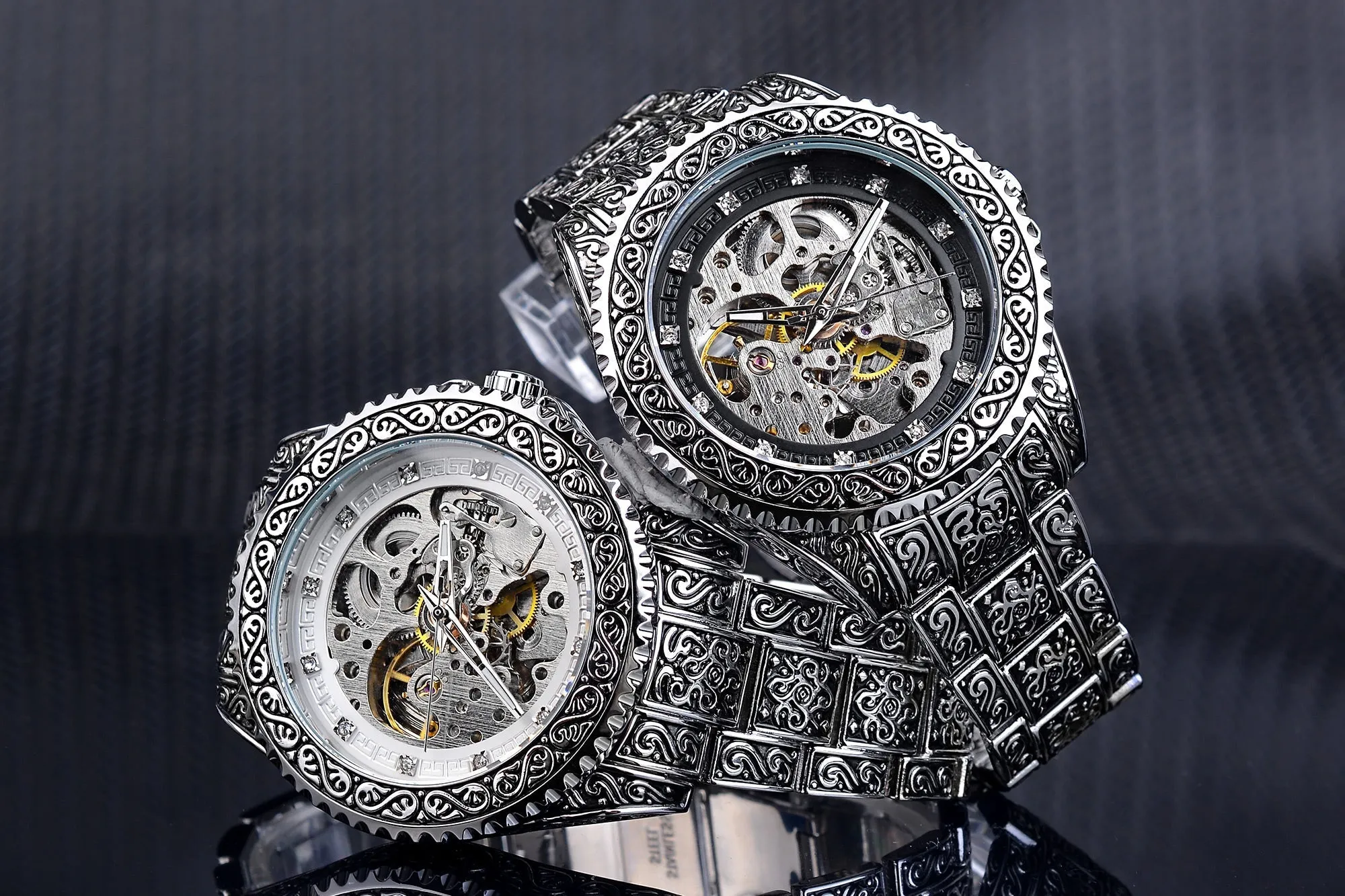 Automatic Stainless Steel Diamond Skeleton Wrist Watch for Men