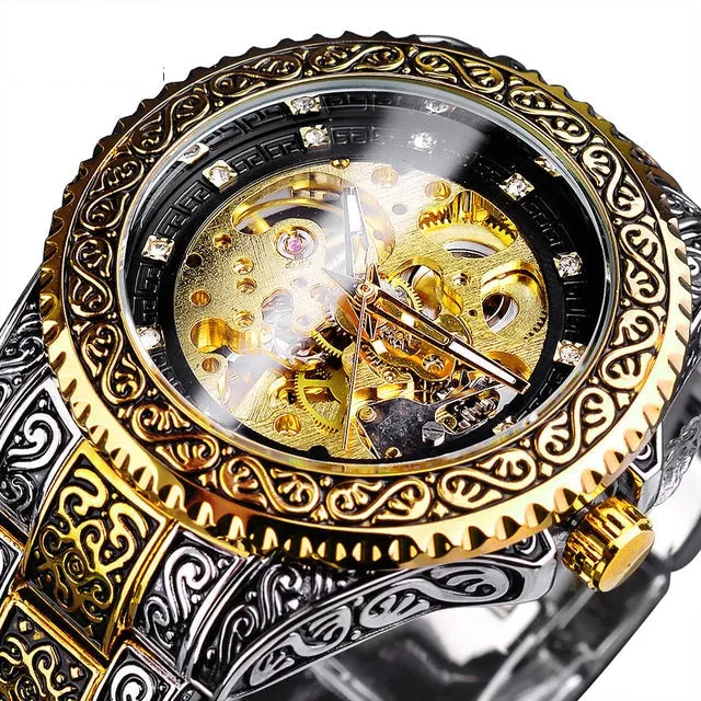 Automatic Stainless Steel Diamond Skeleton Wrist Watch for Men