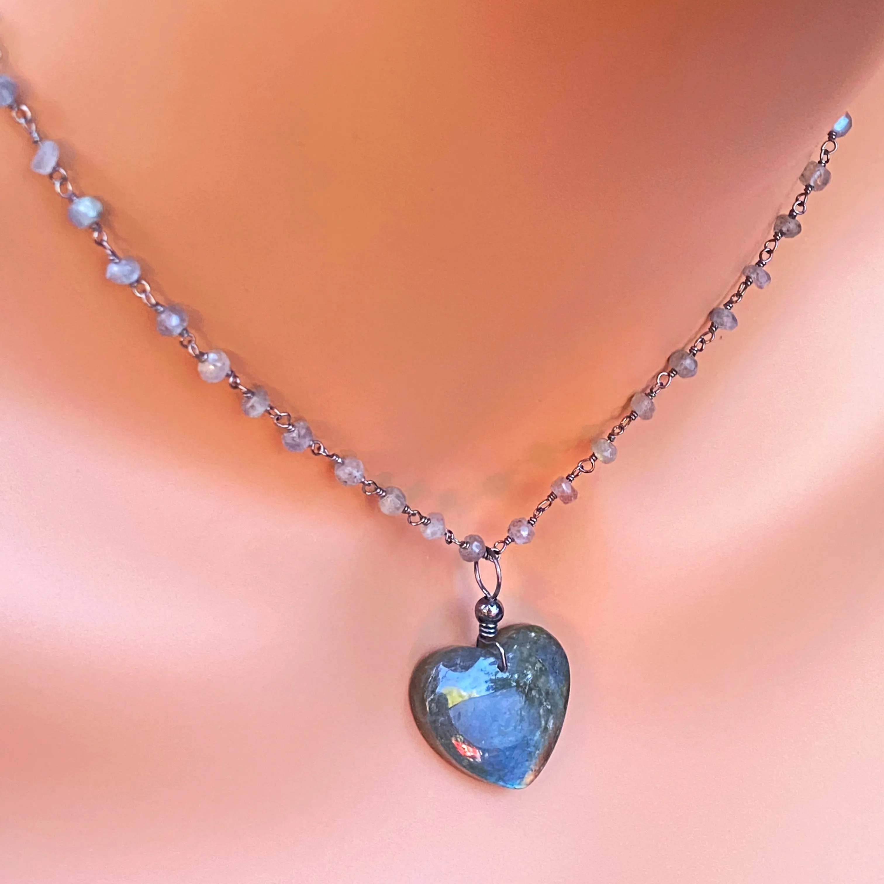 Blue Fire Labradorite Heart Pendant on Labradorite Wrapped Sterling Silver Chain