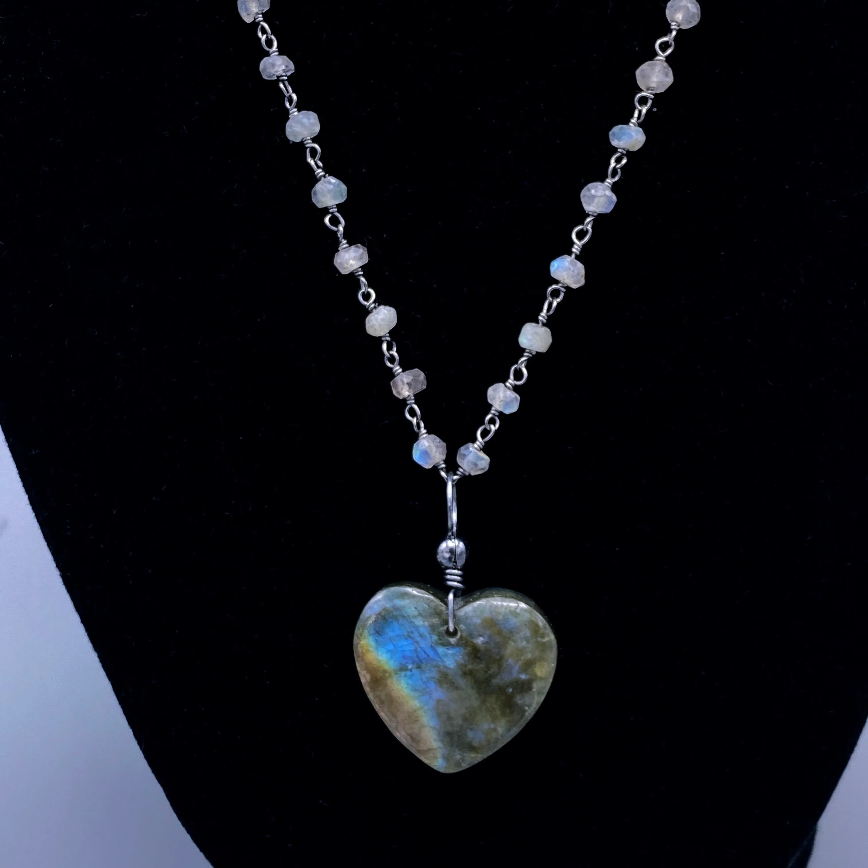 Blue Fire Labradorite Heart Pendant on Labradorite Wrapped Sterling Silver Chain