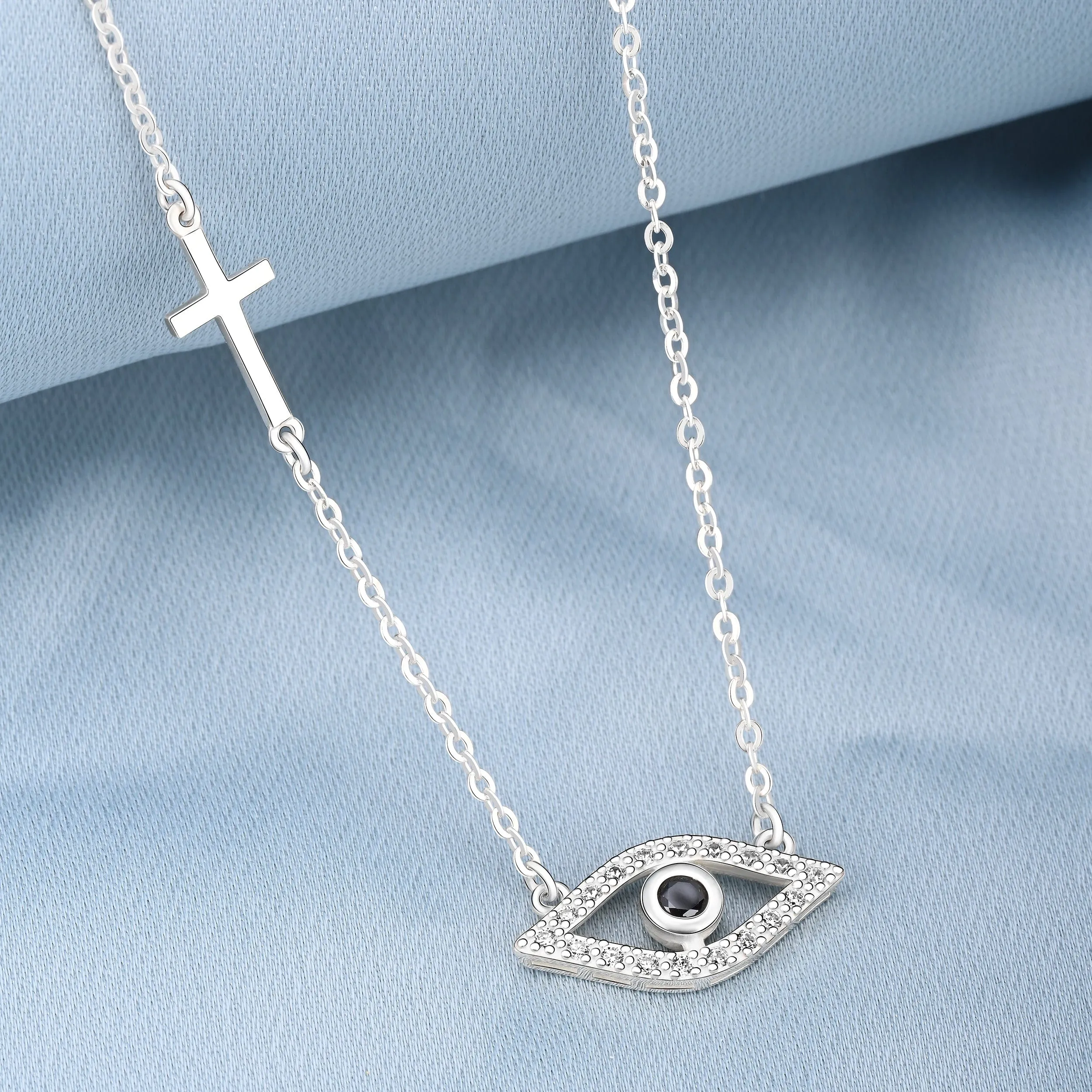 CZ Evil Eye Necklace with Sterling Silver Cross Charm