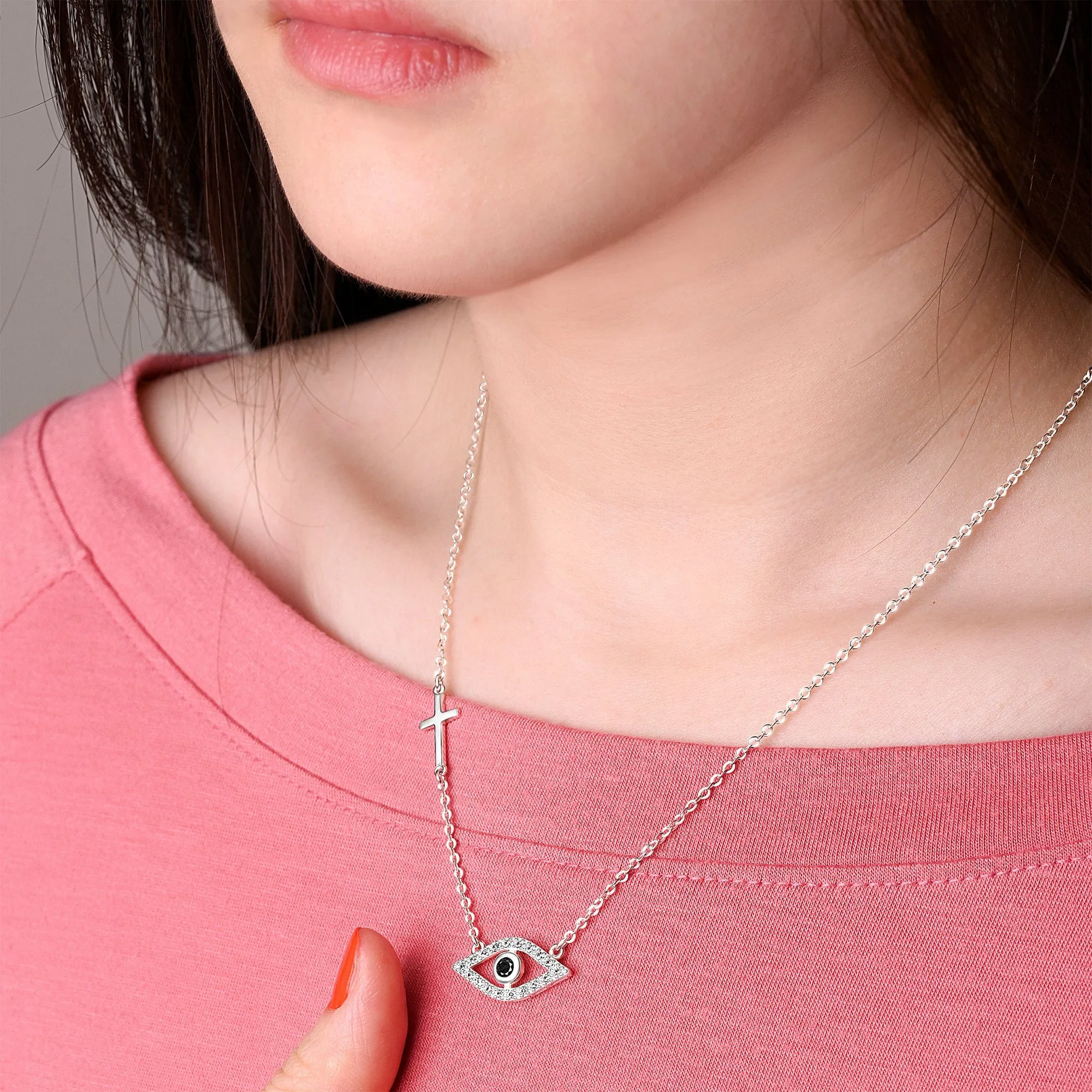 CZ Evil Eye Necklace with Sterling Silver Cross Charm