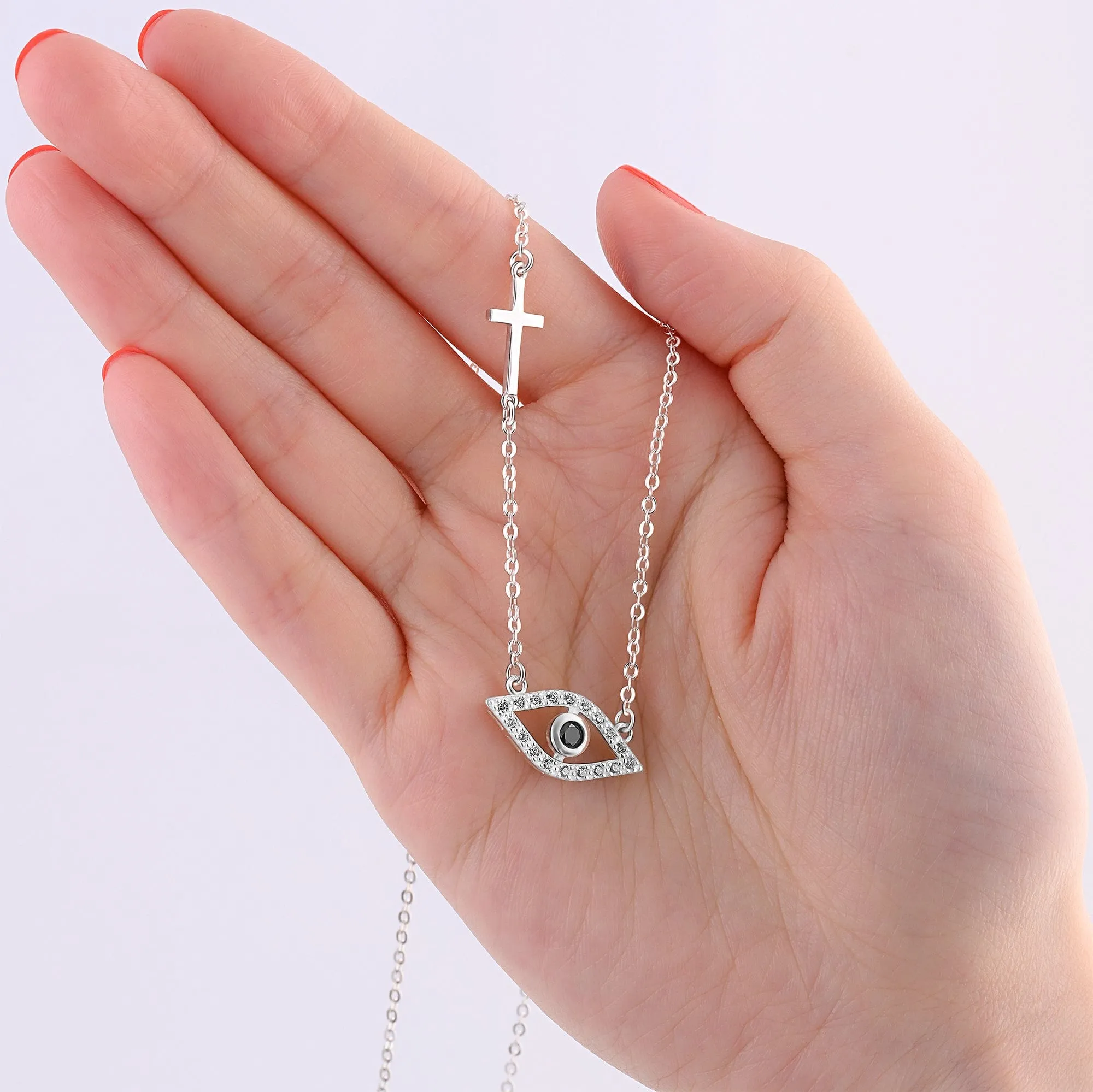 CZ Evil Eye Necklace with Sterling Silver Cross Charm