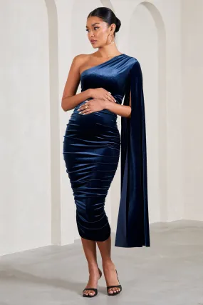 Gianna | Navy Velvet Maternity One Shoulder Cape Bodycon Midi Dress