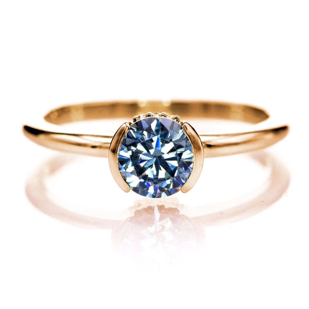 Helen Solitaire - Round Blue Moissanite Half Bezel Engagement Ring