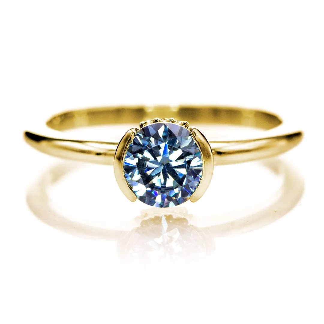 Helen Solitaire - Round Blue Moissanite Half Bezel Engagement Ring