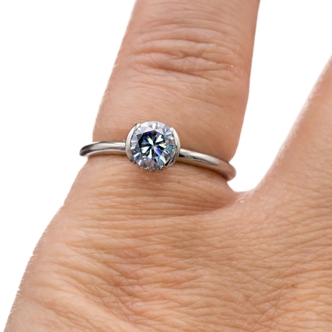 Helen Solitaire - Round Blue Moissanite Half Bezel Engagement Ring