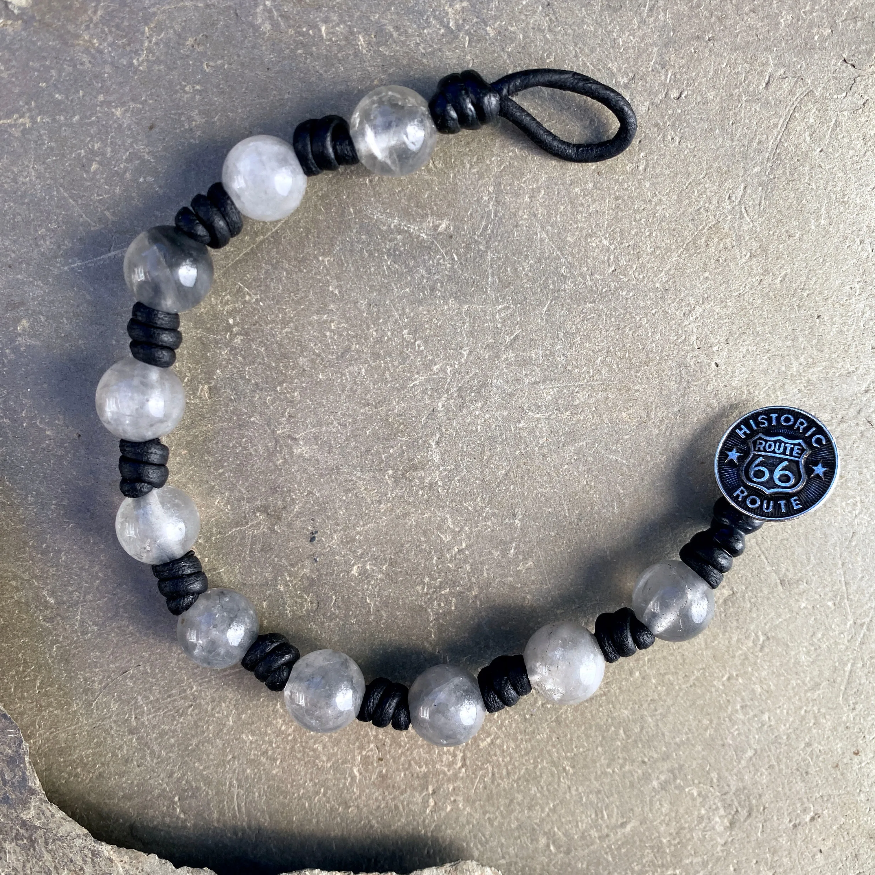 Leather and Cloudy Quartz Gemstone Men’s Bracelet with Metal Route 66 Button