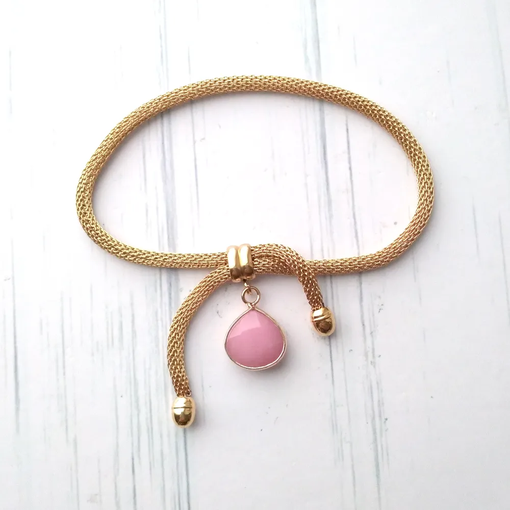 Metal Mesh Slider Bracelet With Baby Pink Jade