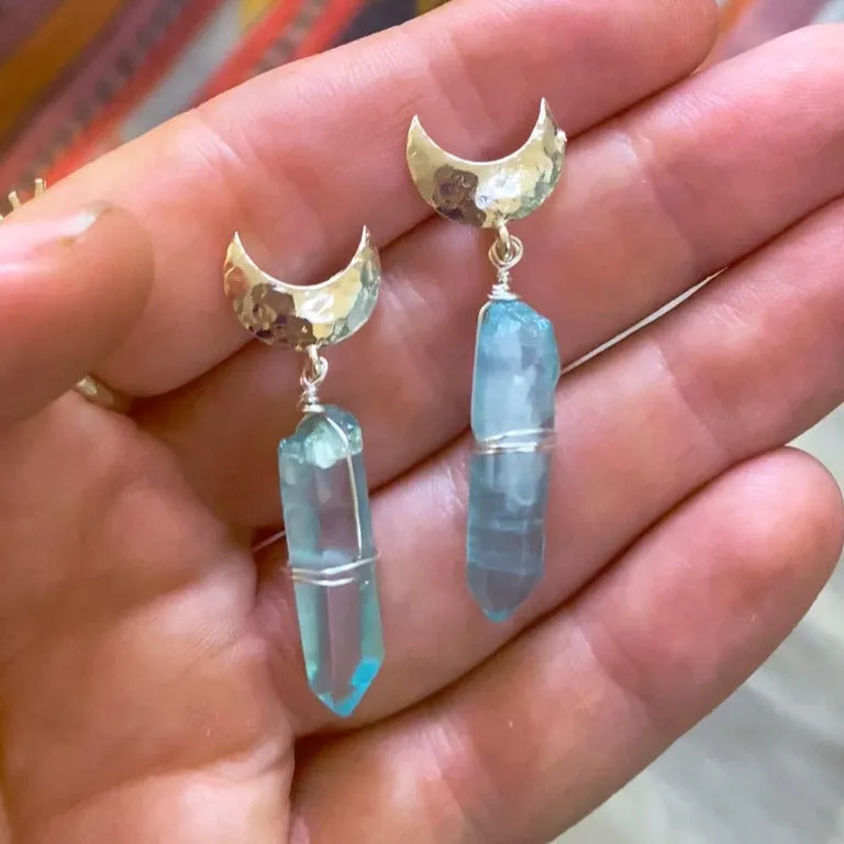 Moon & Ocean Aura Quartz Crystal Earrings