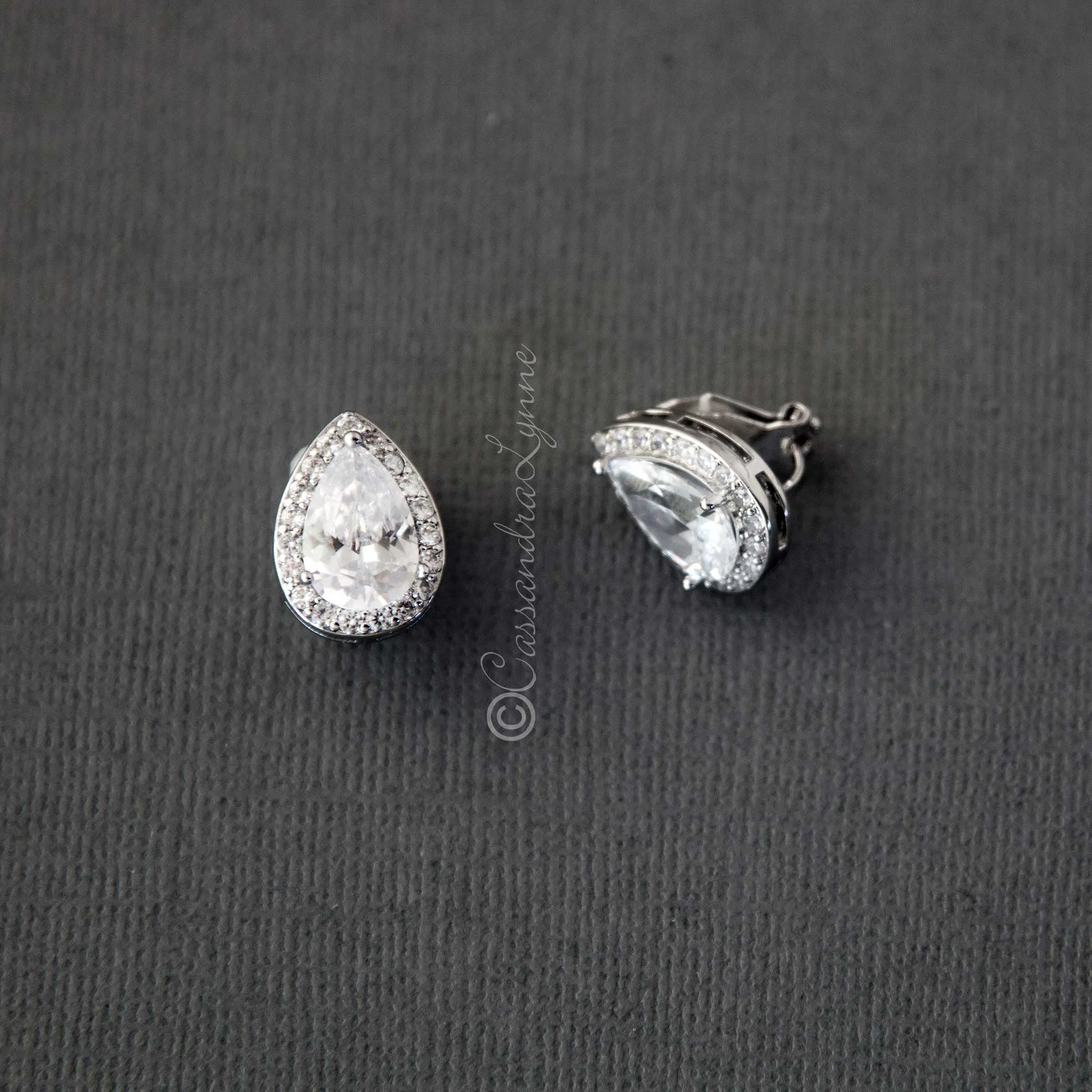 Pave Pear Clip-On Crystal Earrings