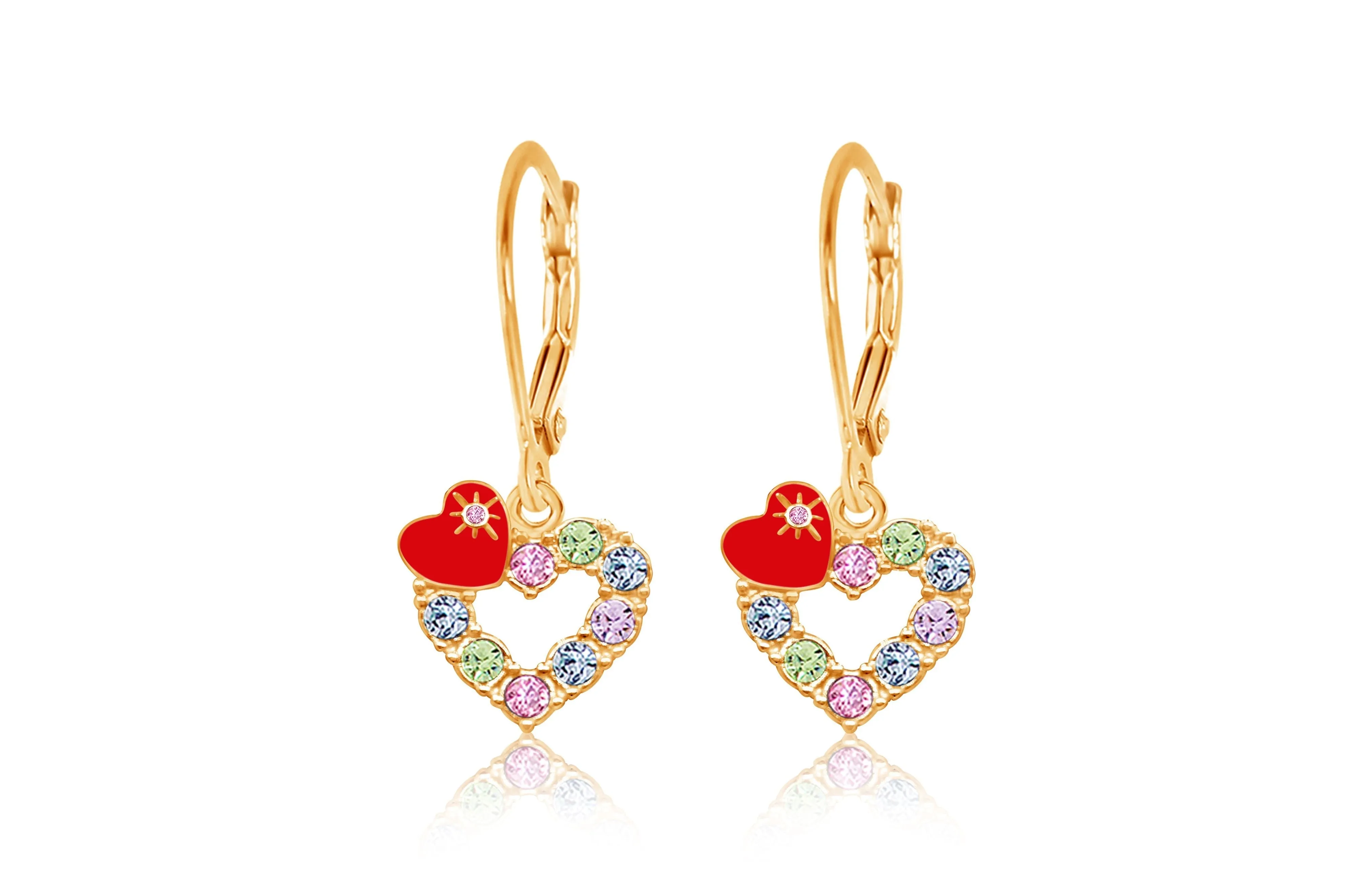 Red Heart Multi Colored Crystal Yellow Gold Plating Girls Leverback Earring