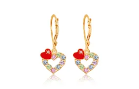 Red Heart Multi Colored Crystal Yellow Gold Plating Girls Leverback Earring