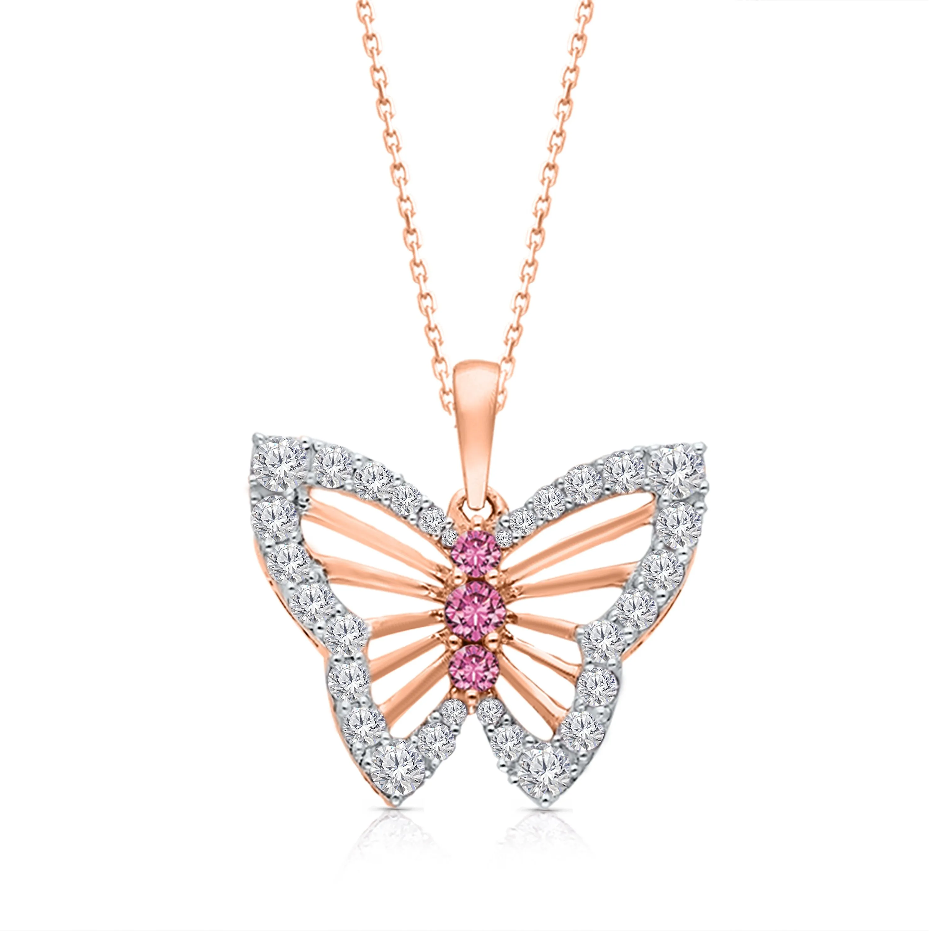 Rose Gold Pink Sapphire & White Diamond Butterfly Pendant