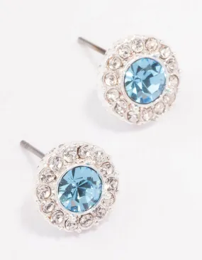 Silver Aqua Crystal Halo Stud Earrings