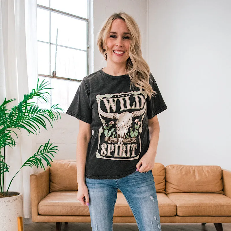 Wild Spirit Bull Skull Faded Black Distressed Tee